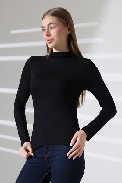 21950 KADIN KENDİLİĞİNDEN DİK YAKA  FULL LYC VİSK RİBANA UZUN KOL TSHIRT 