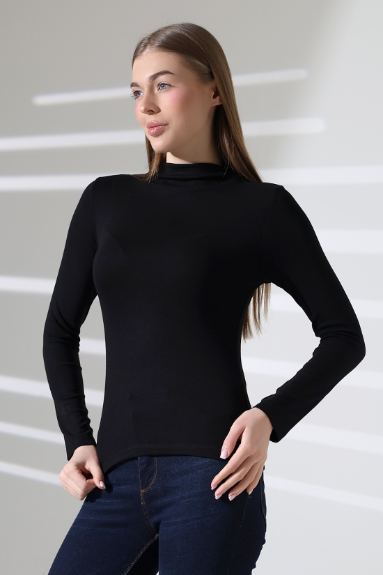 21950 KADIN KENDİLİĞİNDEN DİK YAKA  FULL LYC VİSK RİBANA UZUN KOL TSHIRT 