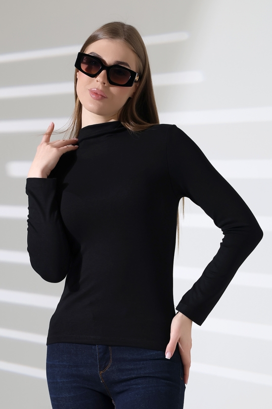 21950 KADIN KENDİLİĞİNDEN DİK YAKA  FULL LYC VİSK RİBANA UZUN KOL TSHIRT 