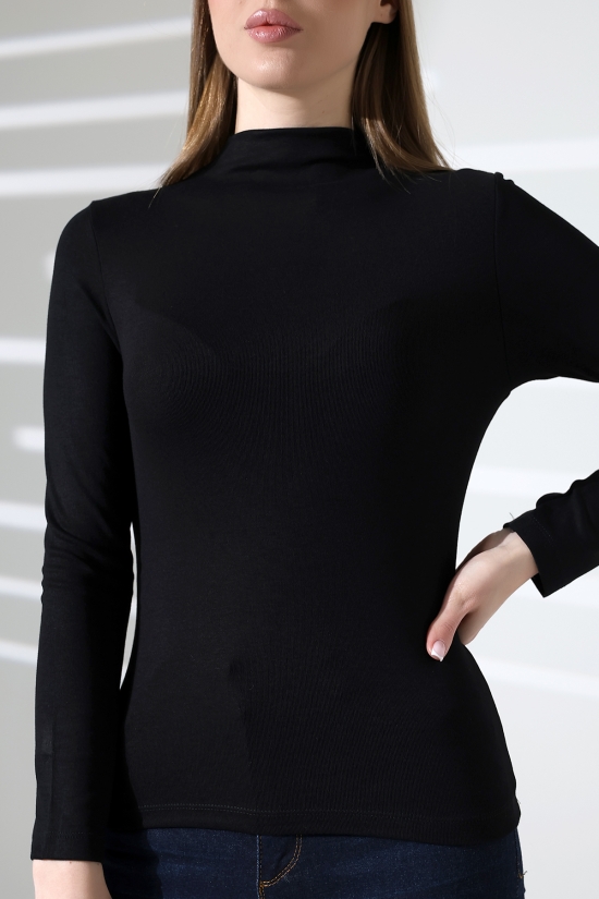 21950 KADIN KENDİLİĞİNDEN DİK YAKA  FULL LYC VİSK RİBANA UZUN KOL TSHIRT 