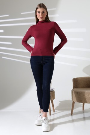 21950 KADIN KENDİLİĞİNDEN DİK YAKA  FULL LYC VİSK RİBANA UZUN KOL TSHIRT 