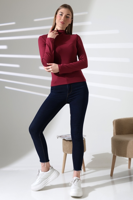 21950 KADIN KENDİLİĞİNDEN DİK YAKA  FULL LYC VİSK RİBANA UZUN KOL TSHIRT 