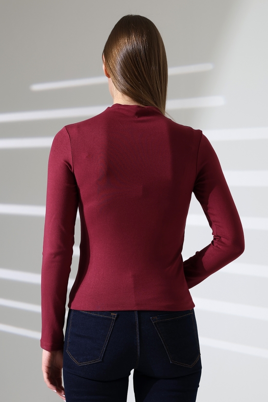 21950 KADIN KENDİLİĞİNDEN DİK YAKA  FULL LYC VİSK RİBANA UZUN KOL TSHIRT 