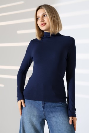 21950 KADIN KENDİLİĞİNDEN DİK YAKA  FULL LYC VİSK RİBANA UZUN KOL TSHIRT 