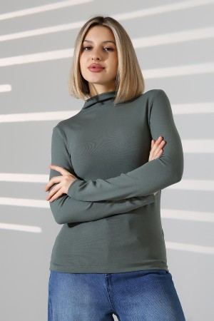 21950 KADIN KENDİLİĞİNDEN DİK YAKA  FULL LYC VİSK RİBANA UZUN KOL TSHIRT 