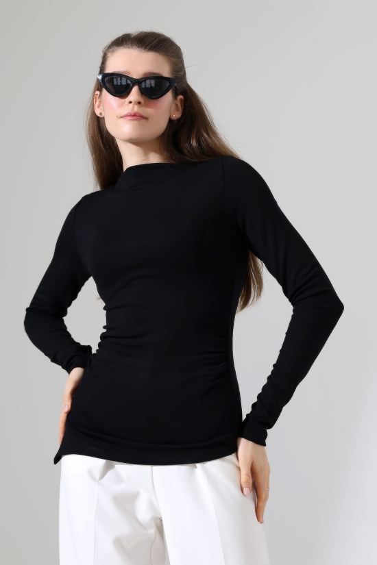 22138 KADIN KENDİLİĞİNDEN KAYIK YAKA SAĞYANI YIRTMAÇLI ASİMETRİK YANLARI LAST BÜZGÜLÜ FULL LYC VORTVİSK RİBANA UZUN KOL TSHIRT 