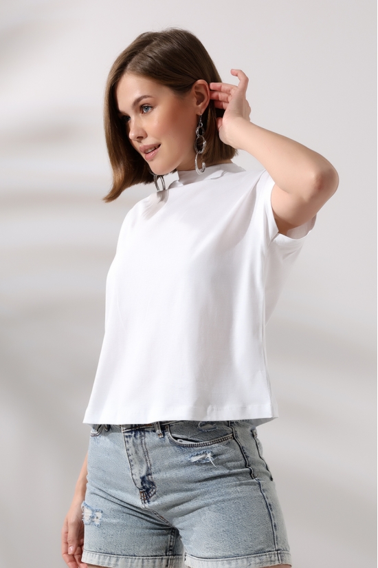 19588 BAYAN DİK YAKA KISA KOLU BEDENDE PAMUKLU KISA TSHIRT