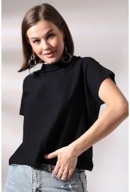 19588 KADIN DİK YAKA KISA KOLU BEDENDE PAMUKLU KISA TSHIRT