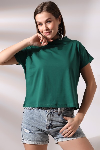 19588 KADIN DİK YAKA KISA KOLU BEDENDE PAMUKLU KISA TSHIRT
