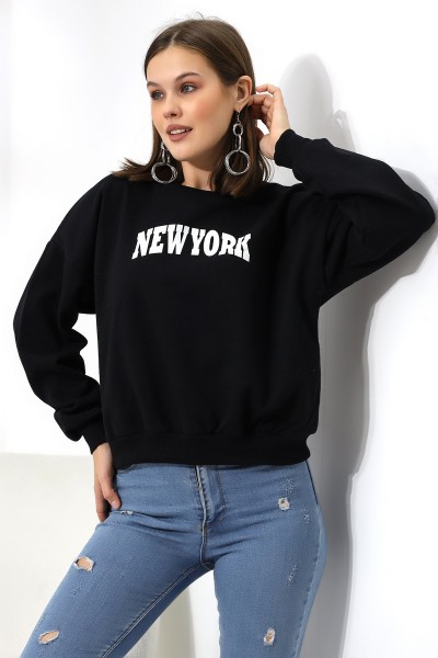 21497 NEWYORK BASK.ARKASIDA BASK. KADIN OVERSİZE  ŞARDONLU 2 İP SALAŞ GENİŞ SWETSHIRT