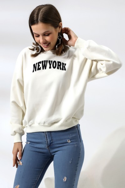 21497 NEWYORK BASK.ARKASIDA BASK. KADIN OVERSİZE  ŞARDONLU 2 İP SALAŞ GENİŞ SWETSHIRT