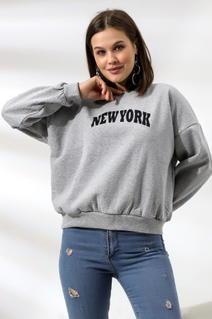21497 NEWYORK BASK.ARKASIDA BASK. KADIN OVERSİZE  ŞARDONLU 2 İP SALAŞ GENİŞ SWETSHIRT