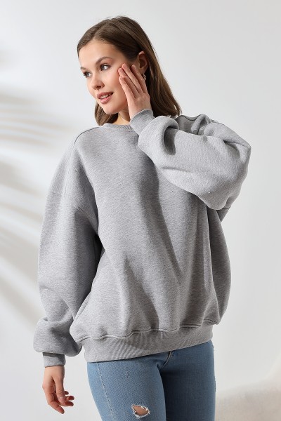 21616 KADIN 3 İP PENYE KOMPAKT ŞARDONLU OMUZLARI PARÇALI  BİSİKLET YAKA SALAŞ OVERSİZE SWEATSHIRT
