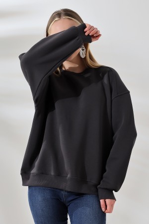 21616 KADIN 3 İP PENYE KOMPAKT ŞARDONLU OMUZLARI PARÇALI  BİSİKLET YAKA SALAŞ OVERSİZE SWEATSHIRT