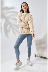 21616 KADIN 3 İP PENYE KOMPAKT ŞARDONLU OMUZLARI PARÇALI  BİSİKLET YAKA SALAŞ OVERSİZE SWEATSHIRT