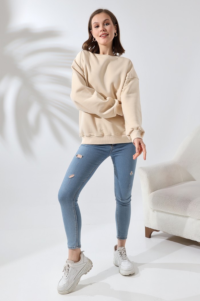 21616 KADIN 3 İP PENYE COMPACK ŞARDONLU OMUZLARI PARÇALI  BİSİKLET YAKA SALAŞ OVERSİZE SWETSHIRT