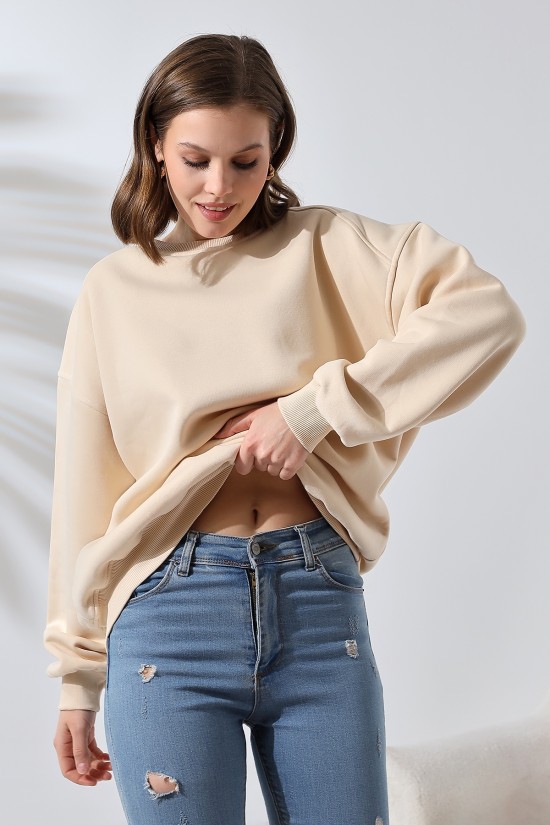 21616 KADIN 3 İP PENYE COMPACK ŞARDONLU OMUZLARI PARÇALI  BİSİKLET YAKA SALAŞ OVERSİZE SWETSHIRT