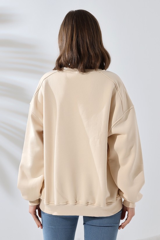 21616 KADIN 3 İP PENYE COMPACK ŞARDONLU OMUZLARI PARÇALI  BİSİKLET YAKA SALAŞ OVERSİZE SWETSHIRT