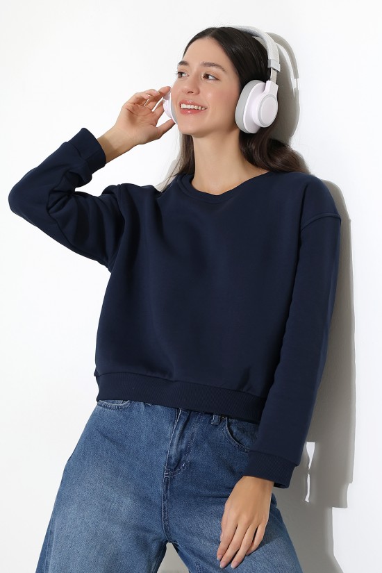 21614 KADIN 3 İP PENYE KOMPAKT ŞARDONLU GENİŞ VE KISA BİSİKLET YAKA SWEATSHIRT