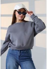 21614 KADIN 3 İP PENYE KOMPAKT ŞARDONLU GENİŞ VE KISA BİSİKLET YAKA SWEATSHIRT