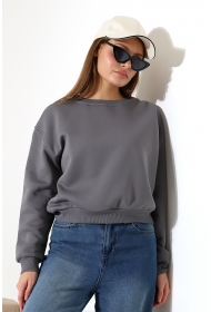 21614 KADIN 3 İP PENYE KOMPAKT ŞARDONLU GENİŞ VE KISA BİSİKLET YAKA SWEATSHIRT