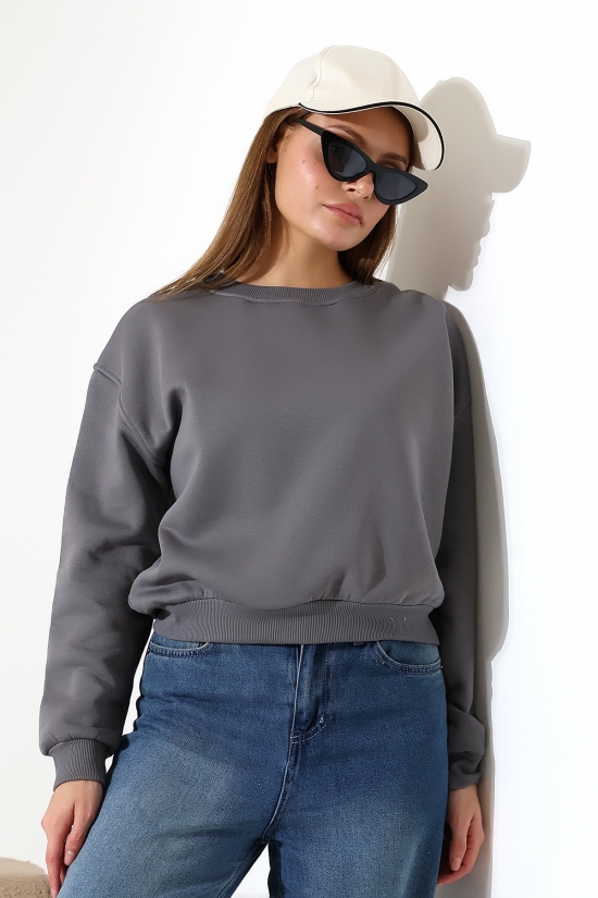 21614 KADIN 3 İP PENYE KOMPAKT ŞARDONLU GENİŞ VE KISA BİSİKLET YAKA SWEATSHIRT