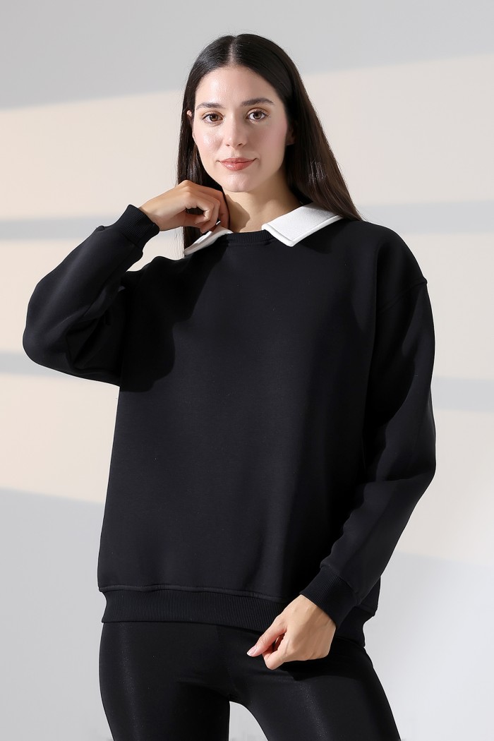 21985 KADIN 3 İP BİSİKLETVE GÖMLEK YAKALI SALAŞ GENİŞ SWETSHIRT