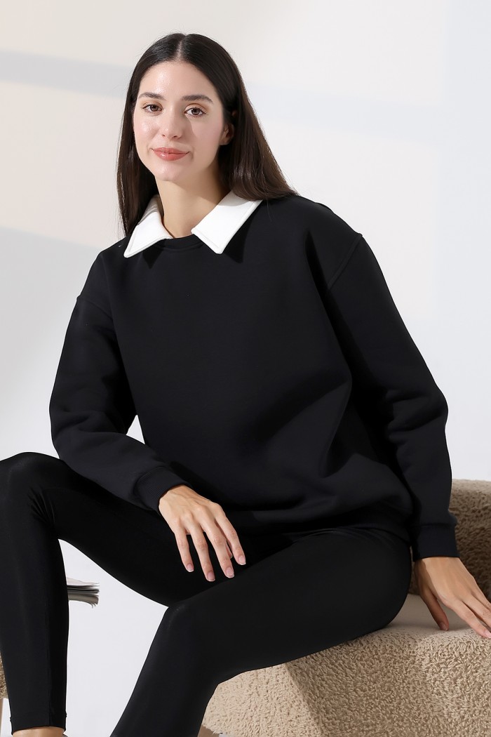 21985 KADIN 3 İP BİSİKLETVE GÖMLEK YAKALI SALAŞ GENİŞ SWETSHIRT