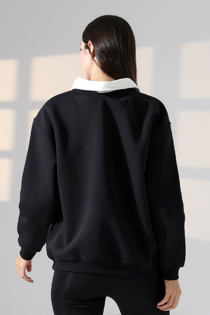 21985 KADIN 3 İP BİSİKLETVE GÖMLEK YAKALI SALAŞ GENİŞ SWETSHIRT