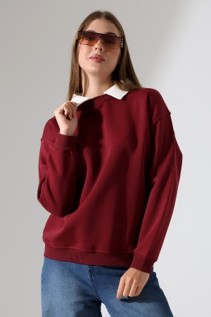 21985 KADIN 3 İP BİSİKLETVE GÖMLEK YAKALI SALAŞ GENİŞ SWEATSHIRT