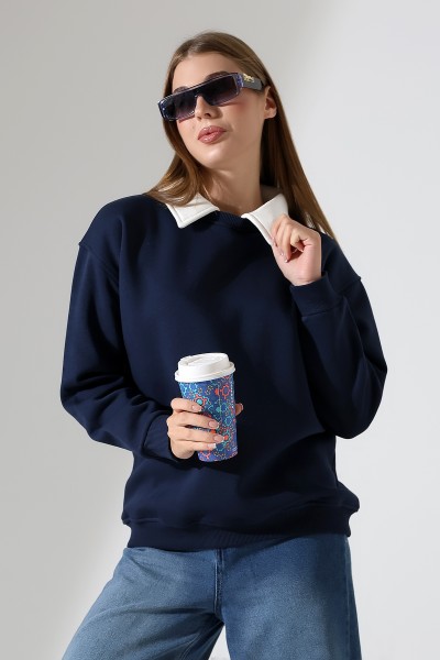 21985 KADIN 3 İP BİSİKLETVE GÖMLEK YAKALI SALAŞ GENİŞ SWEATSHIRT