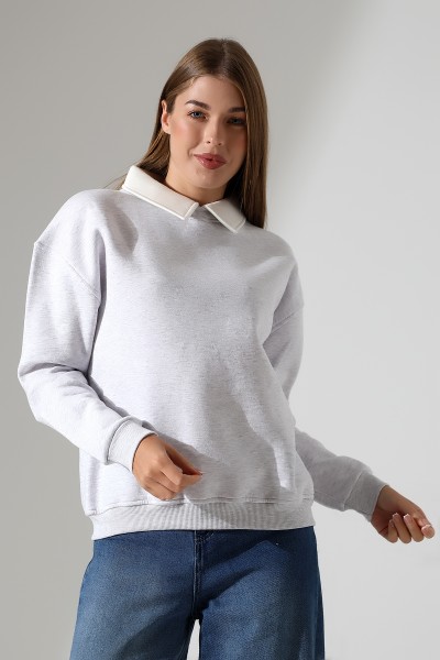 21985 KADIN 3 İP BİSİKLETVE GÖMLEK YAKALI SALAŞ GENİŞ SWEATSHIRT