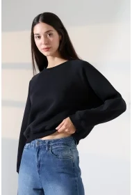 21973 KADIN 3 İP PENYE KOMPAKT ŞARDONLU KARYOKALI REGLAN KOL YANLARI KARYOKALI PARÇALI GENİŞ  BİSİKLET YAKA SWEATSHIRT