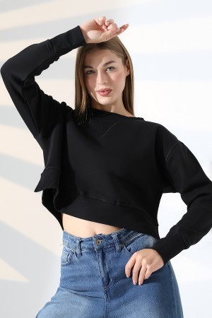 21925 KADIN 3 İP PENYE KOMPAKT ŞARDONLU YÜKSEK KAŞG YAKA ALTI ÜÇGEN  KARYOKALI  YANLARI YIRTMAÇLI I GENİŞ   SWEATSHIRT