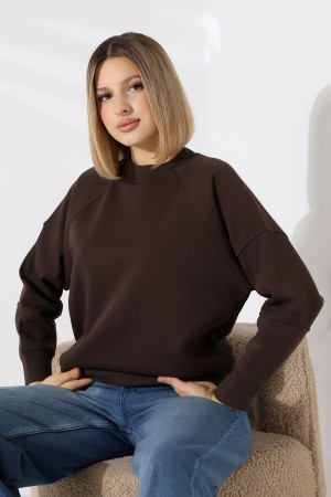 21970 KADIN 3 İP PENYE KOMPAKT ŞARDONLU REGLAN KOL KOLLARI KAŞGORE PARÇALI DİK  BİSİKLET YAKA SWEATSHIRT