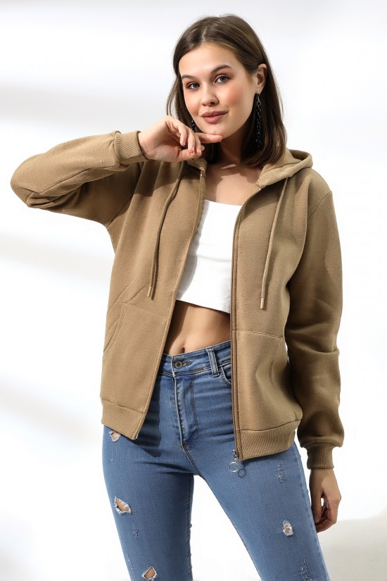 19116 BAYAN DÜZ 2İP ŞARDONLU FERM. KAPŞONLU SWETSHIRT