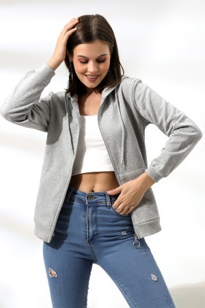19116 KADIN DÜZ 2İP ŞARDONLU FERM. KAPŞONLU SWETSHIRT