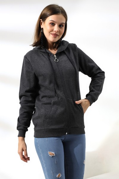 19116 KADIN DÜZ 2İP ŞARDONLU FERM. KAPŞONLU SWETSHIRT