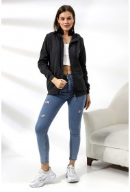 19116 KADIN DÜZ 2İP ŞARDONLU FERM. KAPŞONLU SWETSHIRT