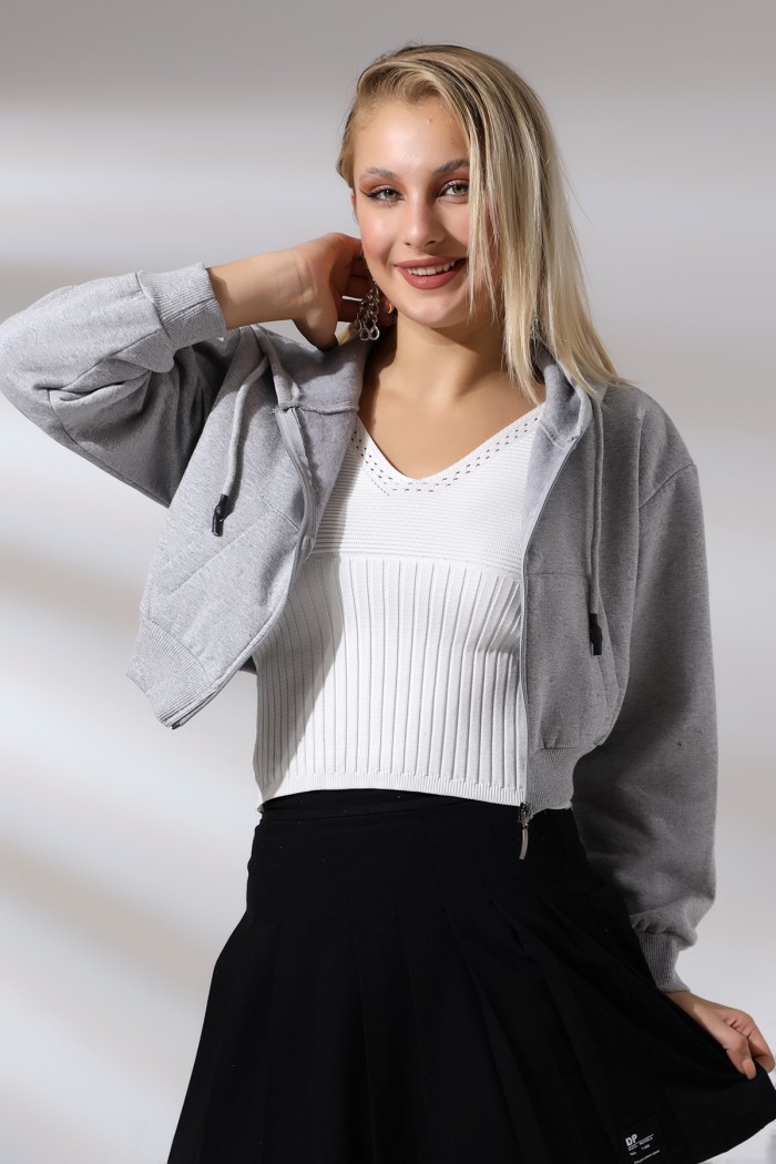 21390 ŞARD.2 İP KEMİK FERMUARLI KAPŞONLU GENİŞ SALAŞ KISA MONT  SWETSHIRT