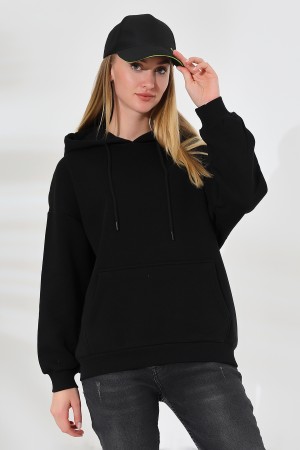 21615 KADIN 3 İP PENYE KOMPAKT ŞARDONLU SALAŞ OVERSİZE KAPŞONLU KANGURU CEPLİ SWEATSHIRT