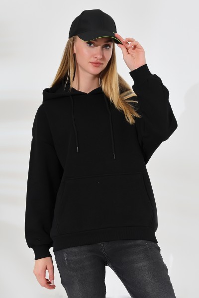 21615 KADIN 3 İP PENYE KOMPAKT ŞARDONLU SALAŞ OVERSİZE KAPŞONLU KANGURU CEPLİ SWEATSHIRT
