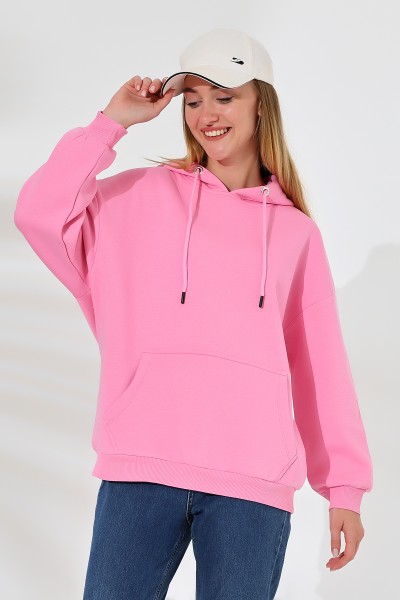 21615 KADIN 3 İP PENYE KOMPAKT ŞARDONLU SALAŞ OVERSİZE KAPŞONLU KANGURU CEPLİ SWEATSHIRT