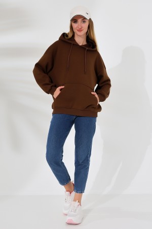 21615 KADIN 3 İP PENYE KOMPAKT ŞARDONLU SALAŞ OVERSİZE KAPŞONLU KANGURU CEPLİ SWEATSHIRT