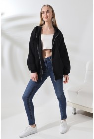 21618 KADIN 3 İP PENYE KOMPAKT  ŞARDONLU METAL FERMUARLI SALAŞ OVERSİZE KAPŞONLU KANGURU CEPLİ SWEATSHIRT