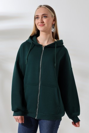 21618 KADIN 3 İP PENYE KOMPAKT  ŞARDONLU METAL FERMUARLI SALAŞ OVERSİZE KAPŞONLU KANGURU CEPLİ SWEATSHIRT