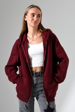 21618 KADIN 3 İP PENYE KOMPAKT  ŞARDONLU METAL FERMUARLI SALAŞ OVERSİZE KAPŞONLU KANGURU CEPLİ SWEATSHIRT
