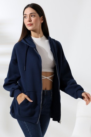 21618 KADIN 3 İP PENYE KOMPAKT  ŞARDONLU METAL FERMUARLI SALAŞ OVERSİZE KAPŞONLU KANGURU CEPLİ SWEATSHIRT