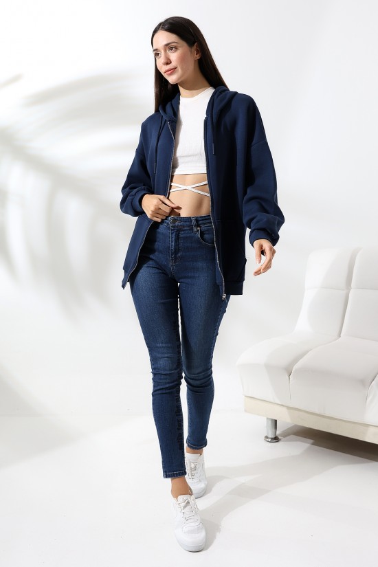 21618 KADIN 3 İP PENYE COMPACK  ŞARDONLU METAL FERMUARLI SALAŞ OVERSİZE KAPŞONLU KANGURU CEPLİ SWETSHIRT