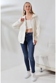 21618 KADIN 3 İP PENYE KOMPAKT  ŞARDONLU METAL FERMUARLI SALAŞ OVERSİZE KAPŞONLU KANGURU CEPLİ SWEATSHIRT